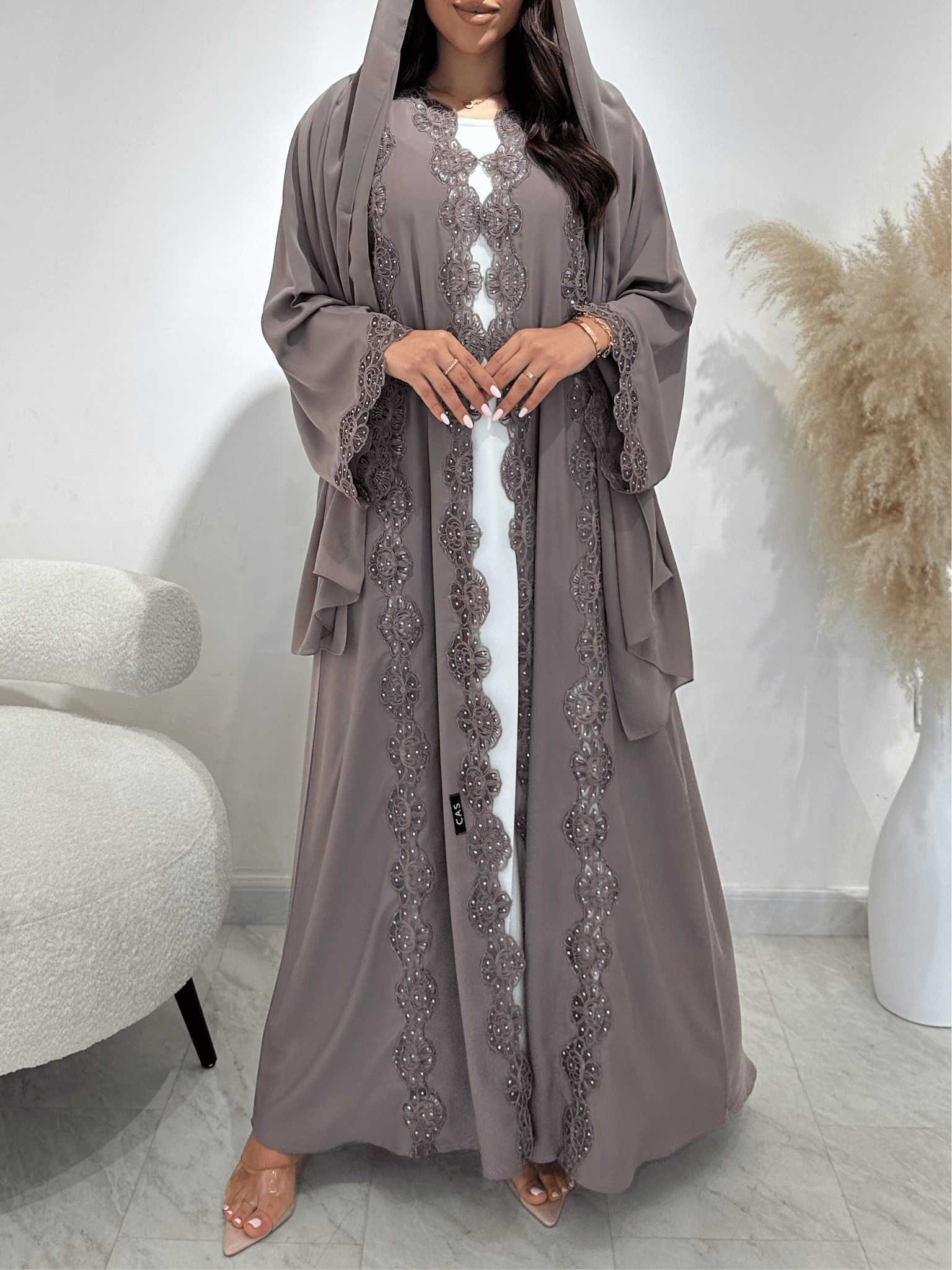 C 1409 Ash Floral Lace Abaya