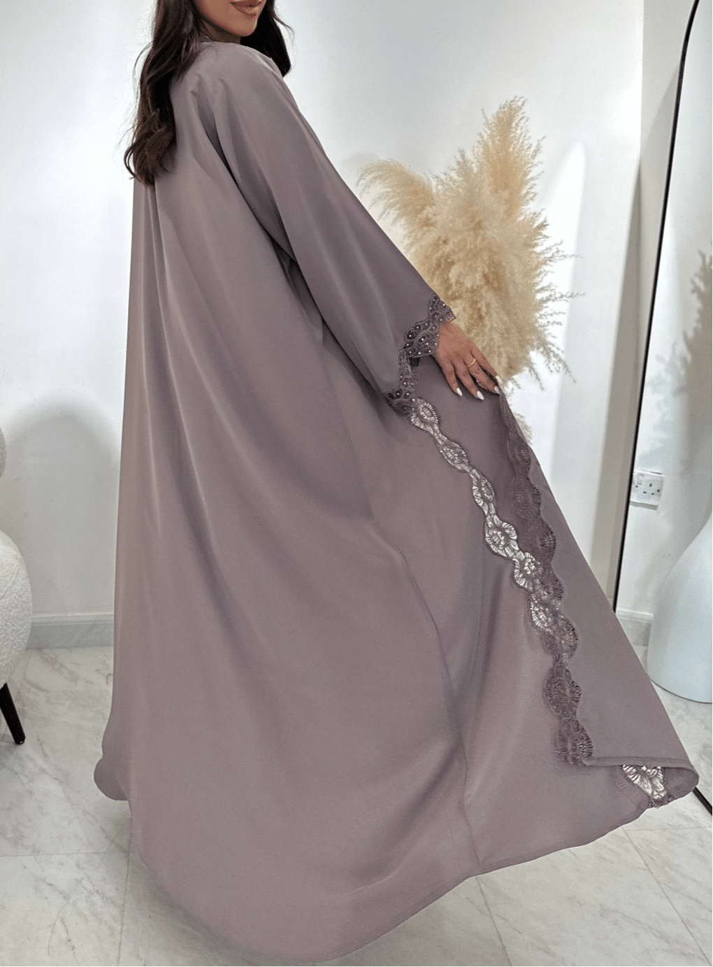 C 1409 Ash Floral Lace Abaya