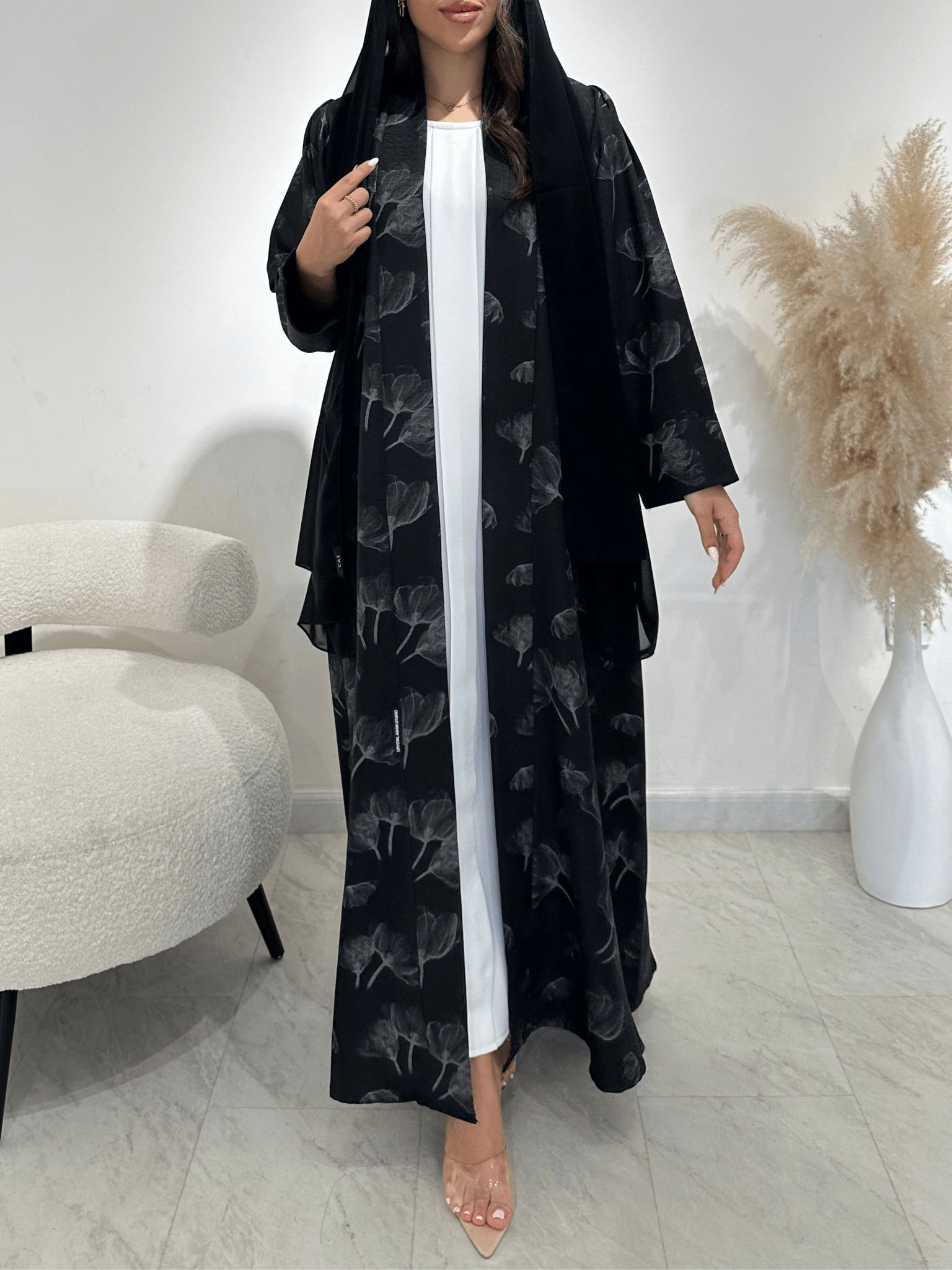 C 1413 - 01 Black Floral Printed Abaya