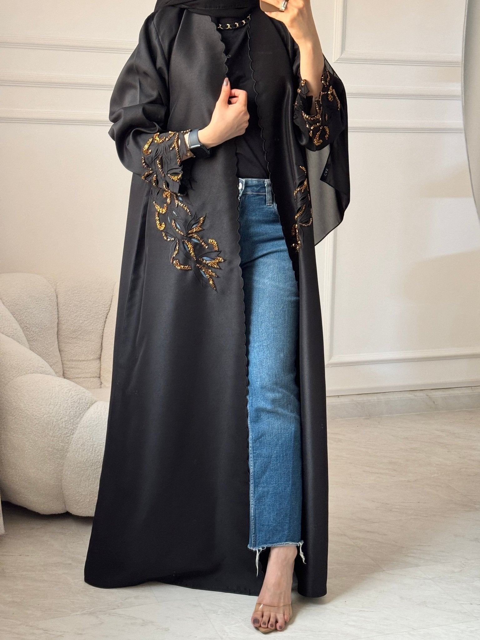 C 1458 Gold Beaded Black Abaya