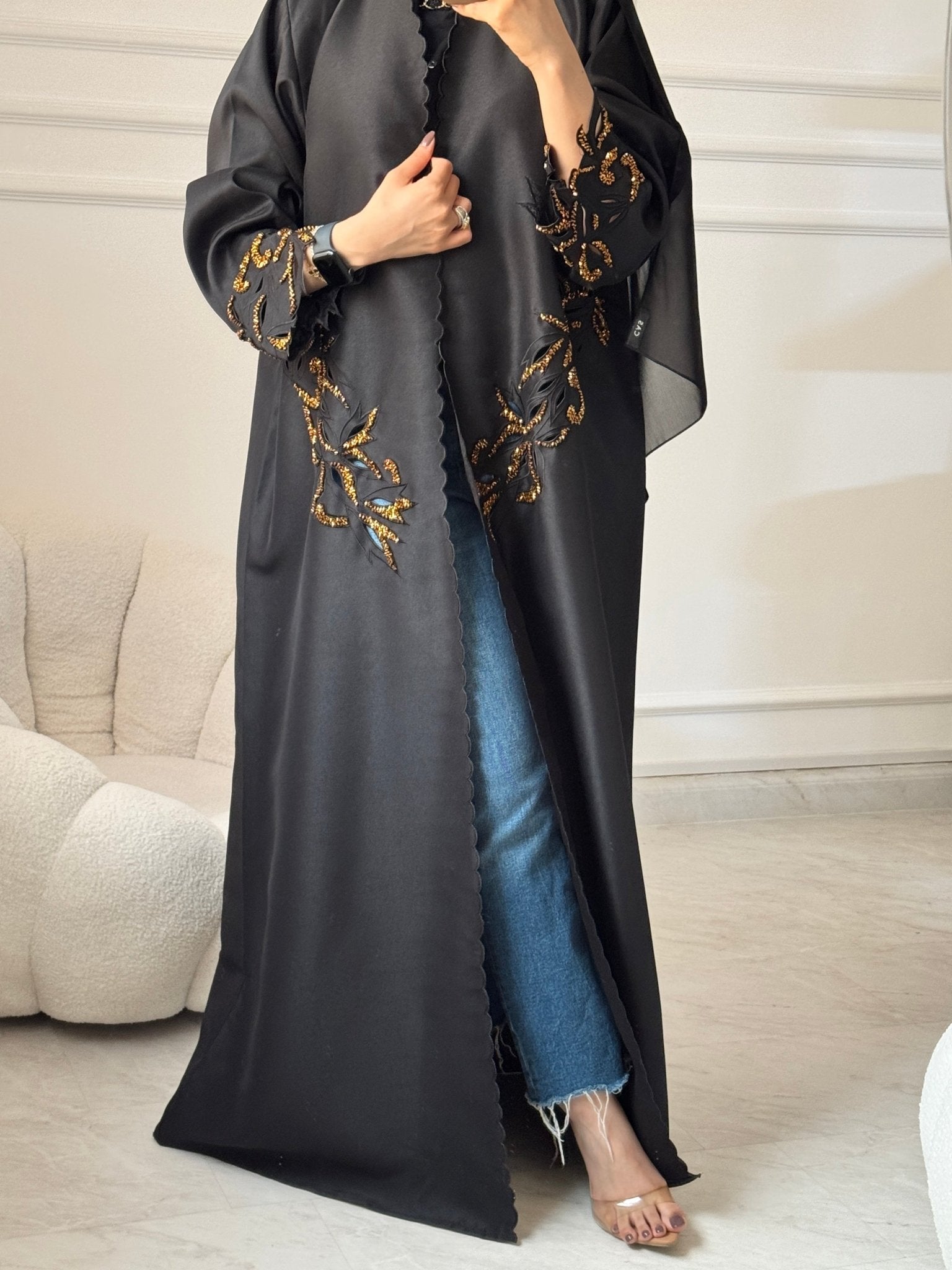 C 1458 Gold Beaded Black Abaya