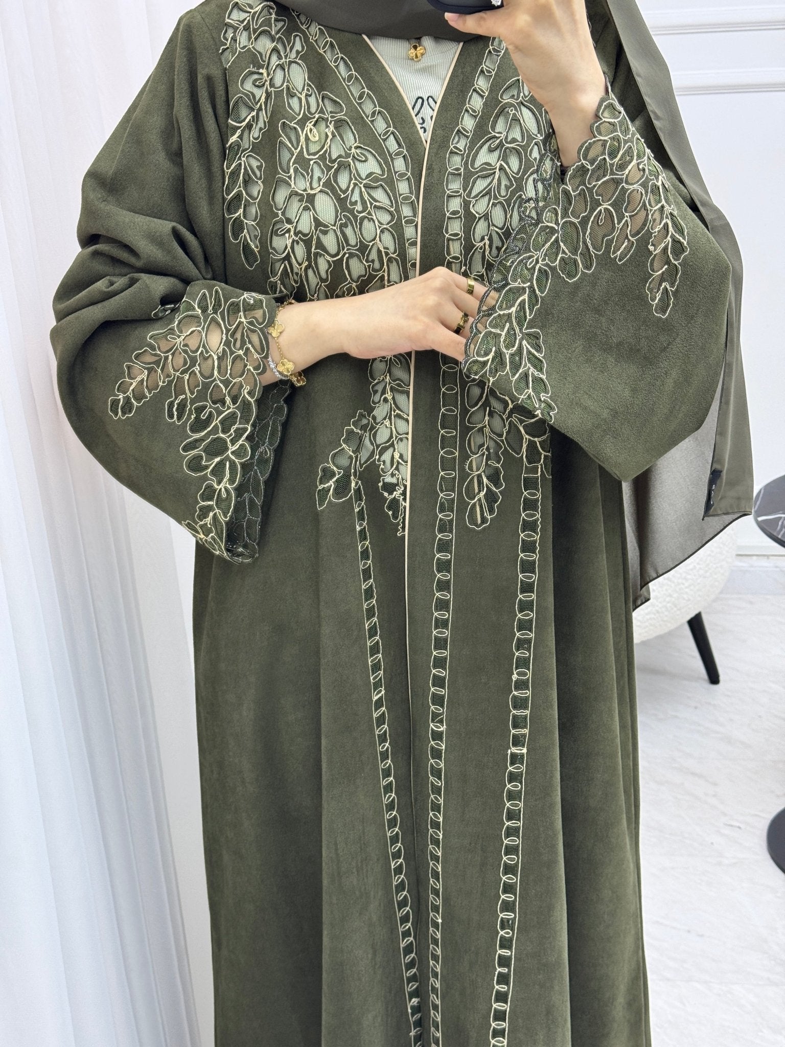 C 1541 Olive Lasercut Abaya