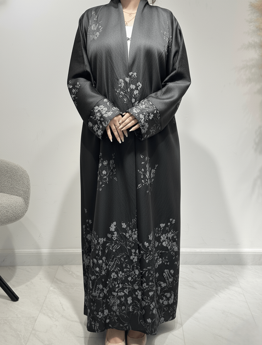 C 1609 Grey Floral Beaded Abaya