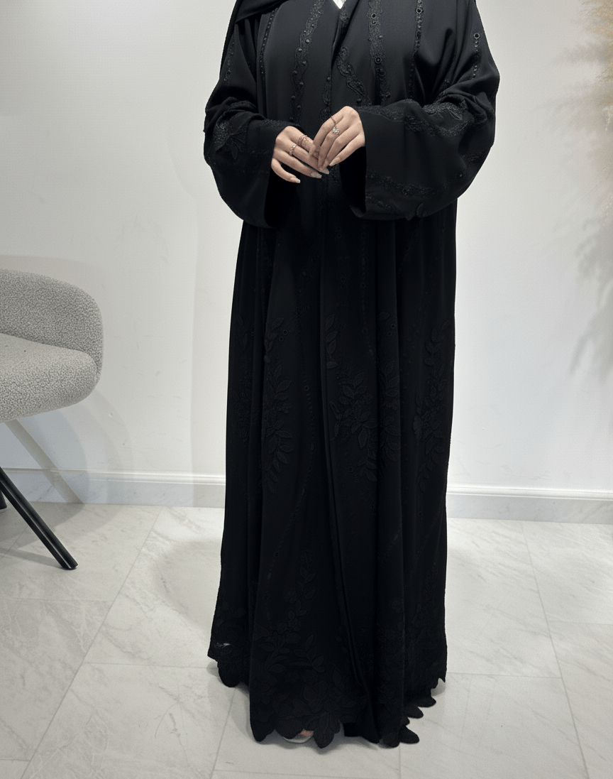 C 1620 Black Beaded Lace Abaya