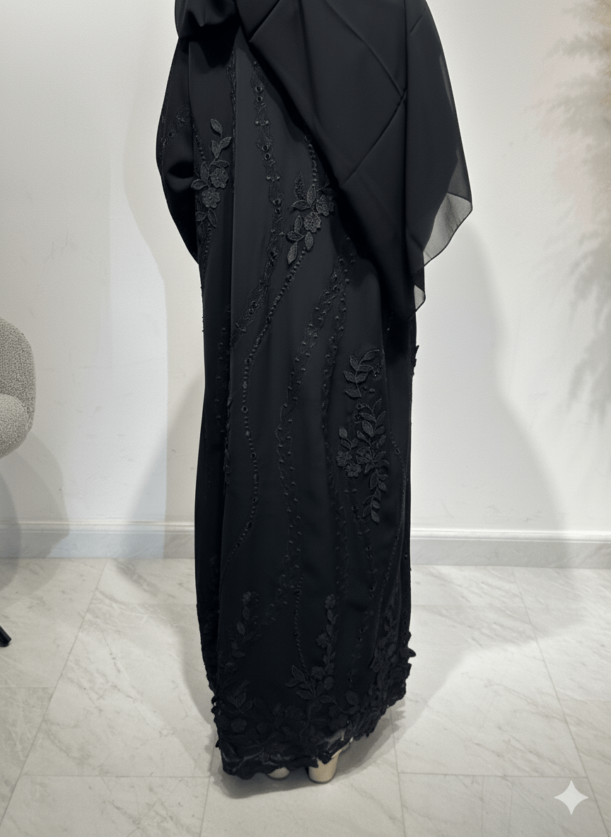 C 1620 Black Beaded Lace Abaya