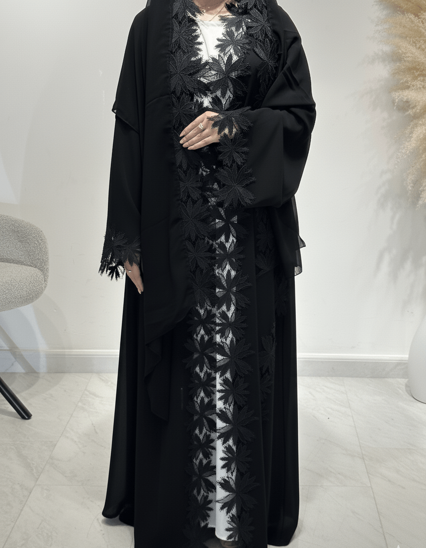 C 1623 Black Floral Lace Abaya