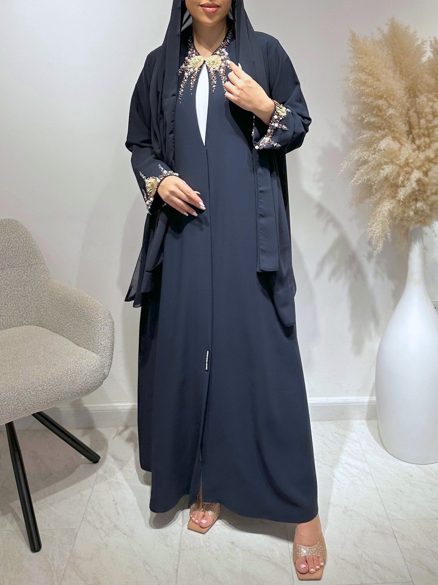 C 1625 Midnight Blue Beaded Abaya