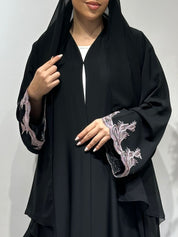 C 1642 Black Pink Embroidered Abaya