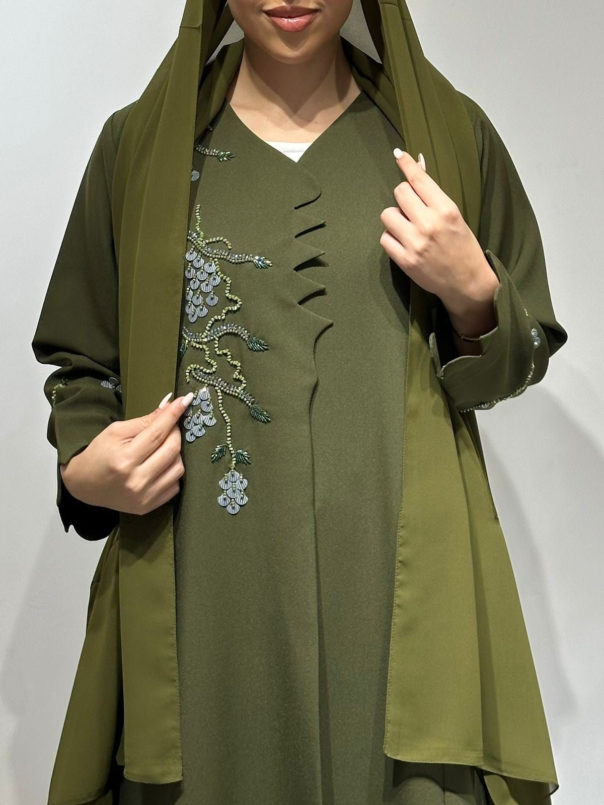 C 1653 Olive Green Beaded Abaya