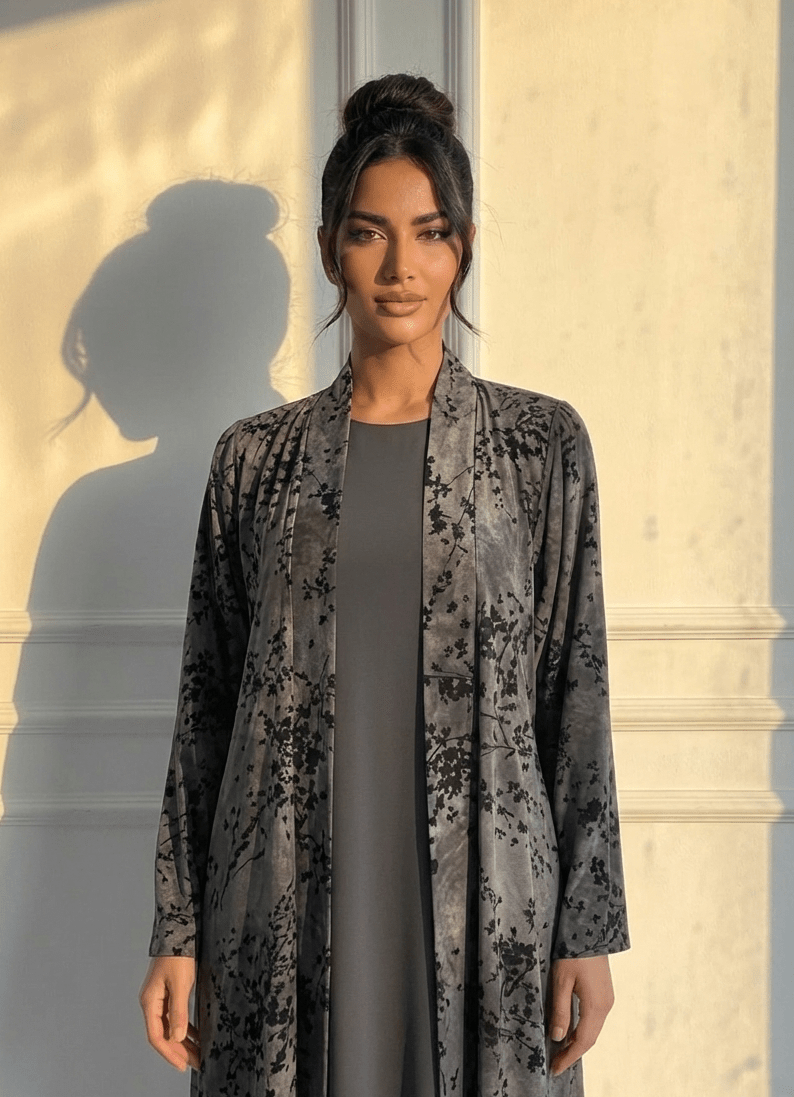 C 1691 Grey Floral Velvet Abaya