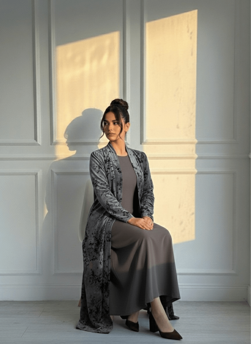C 1691 Silver Floral Velvet Abaya