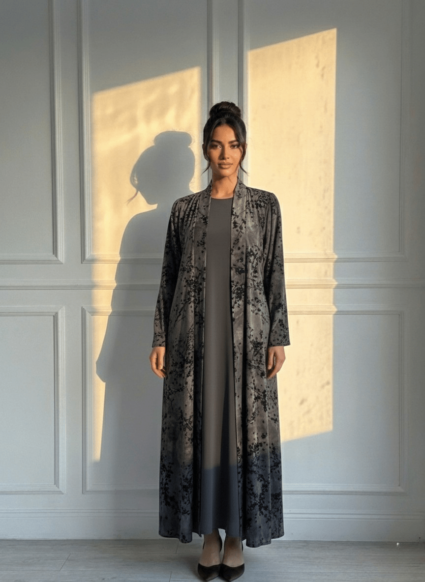C 1691 Silver Floral Velvet Abaya