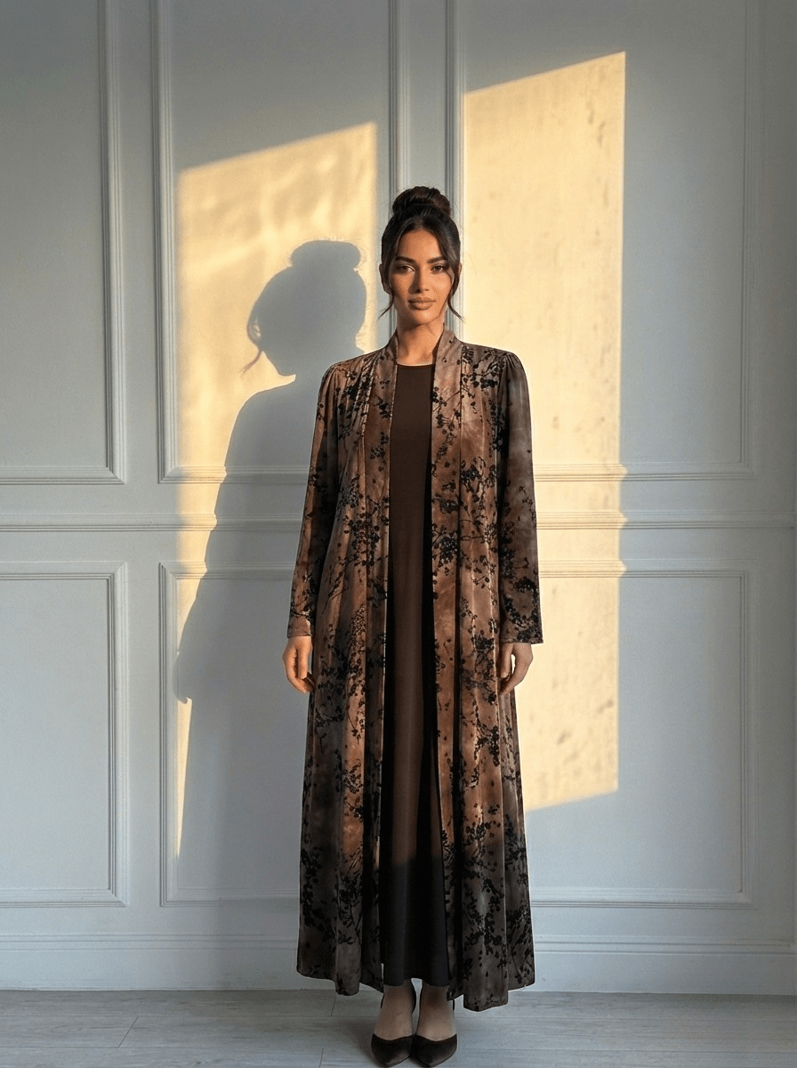 C 1692 Brown Floral Velvet Abaya
