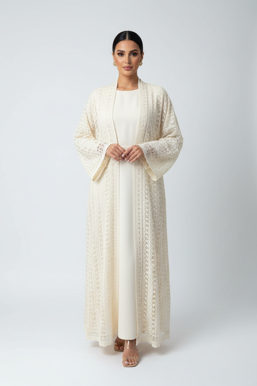 C 1717-07 Cream Dantel Abaya