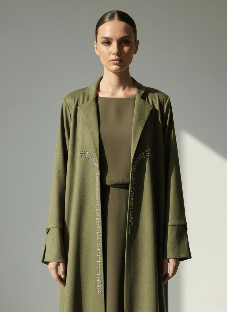 C 1754 Olive Green Beaded Abaya