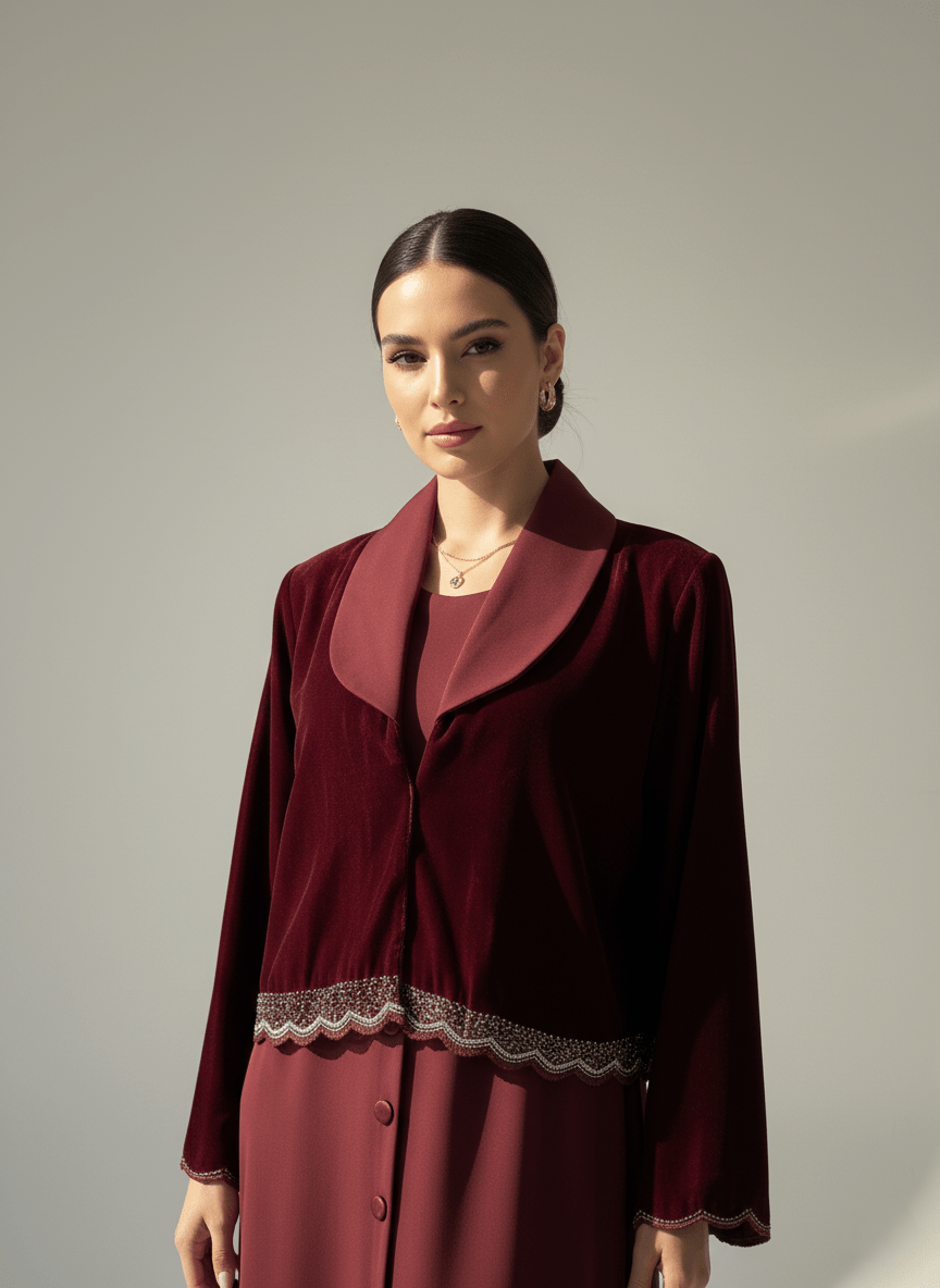 C 1756 Dark Maroon Beaded Abaya