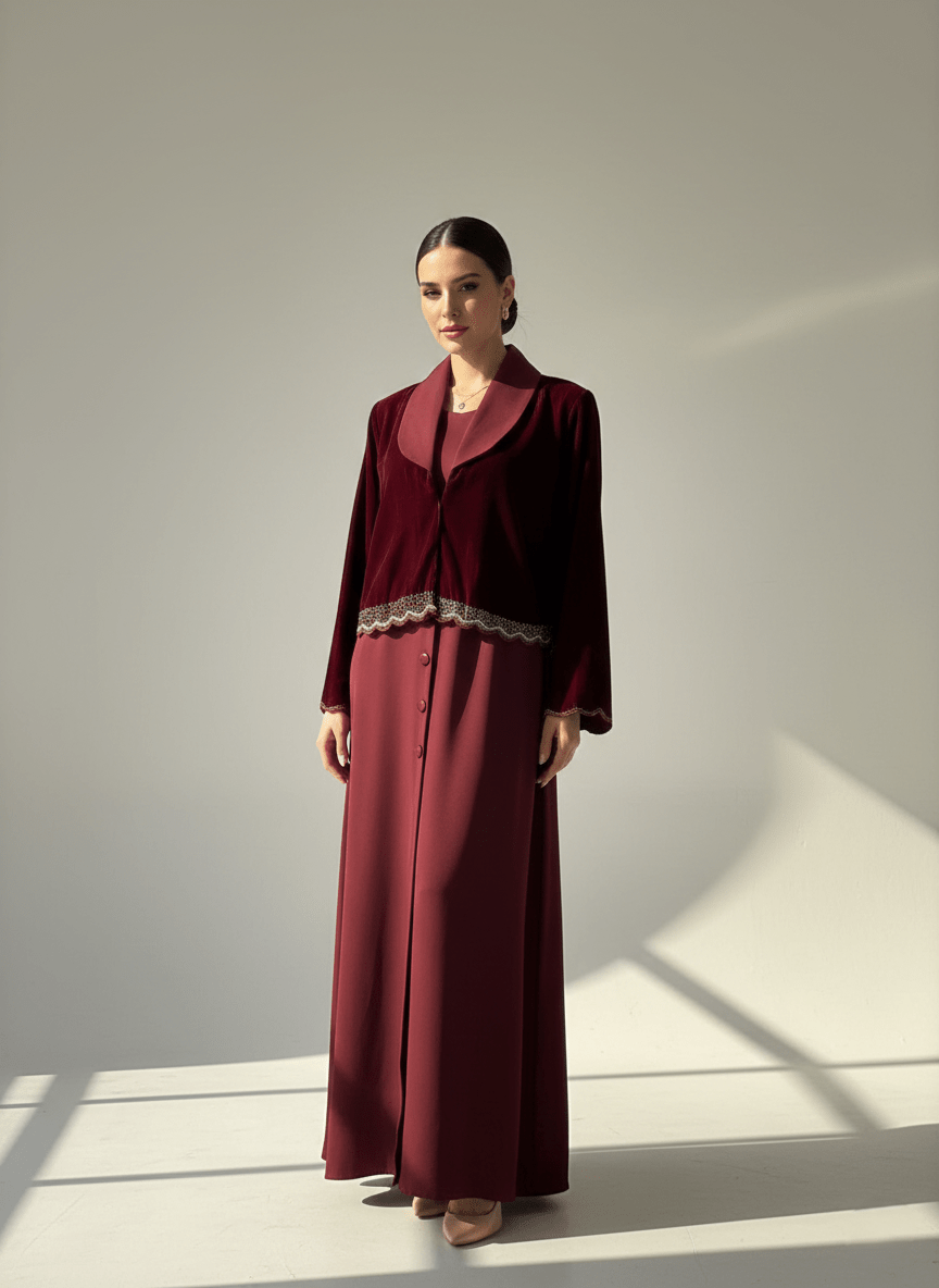 C 1756 Dark Maroon Beaded Abaya