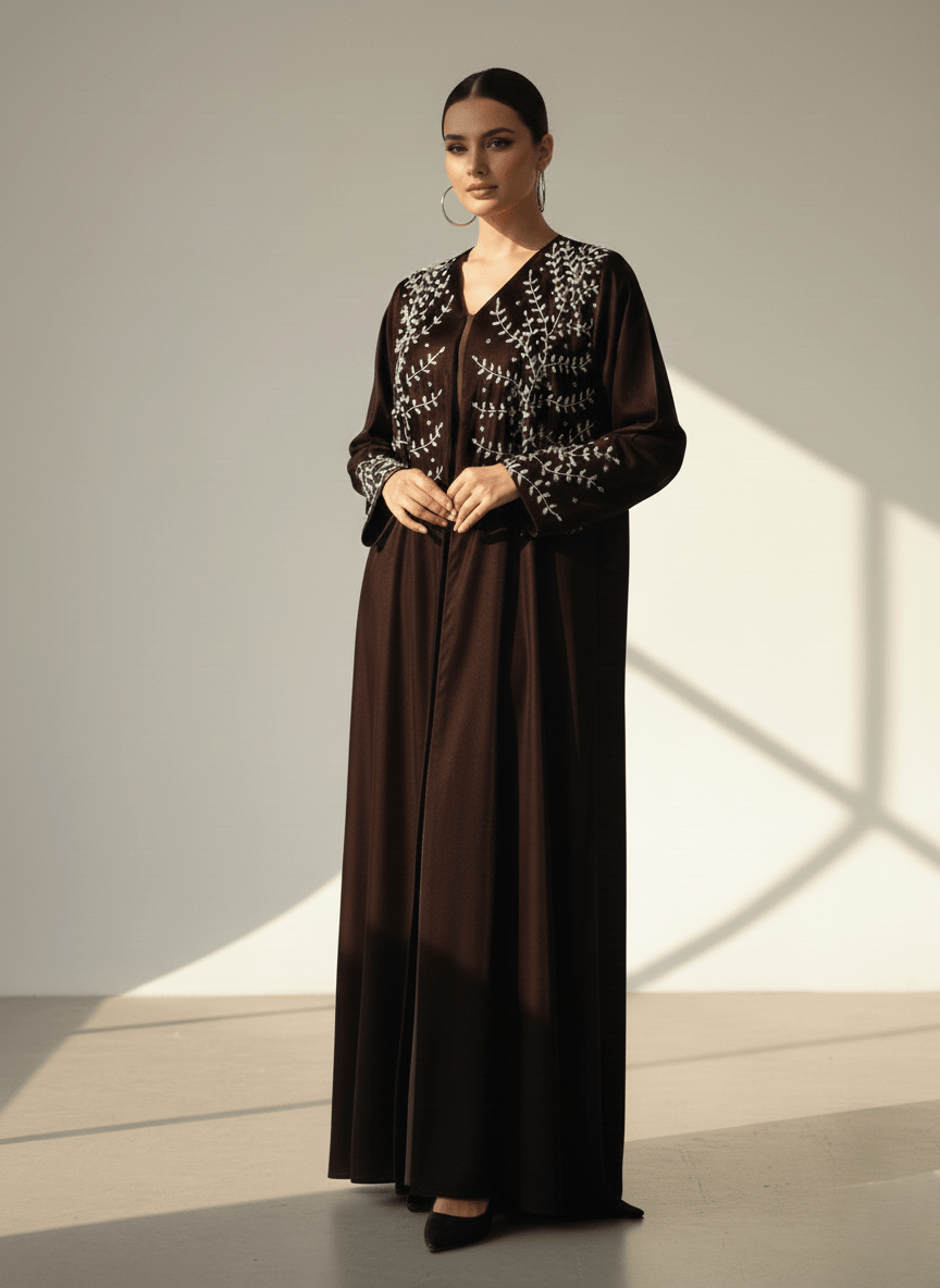 C 1760 Chocolate Brown Beaded Abaya