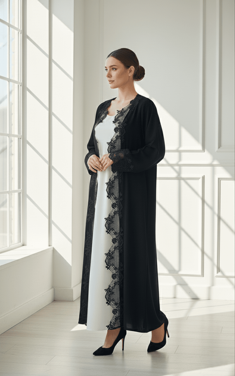 C 1770 Black Floral Lace Abaya