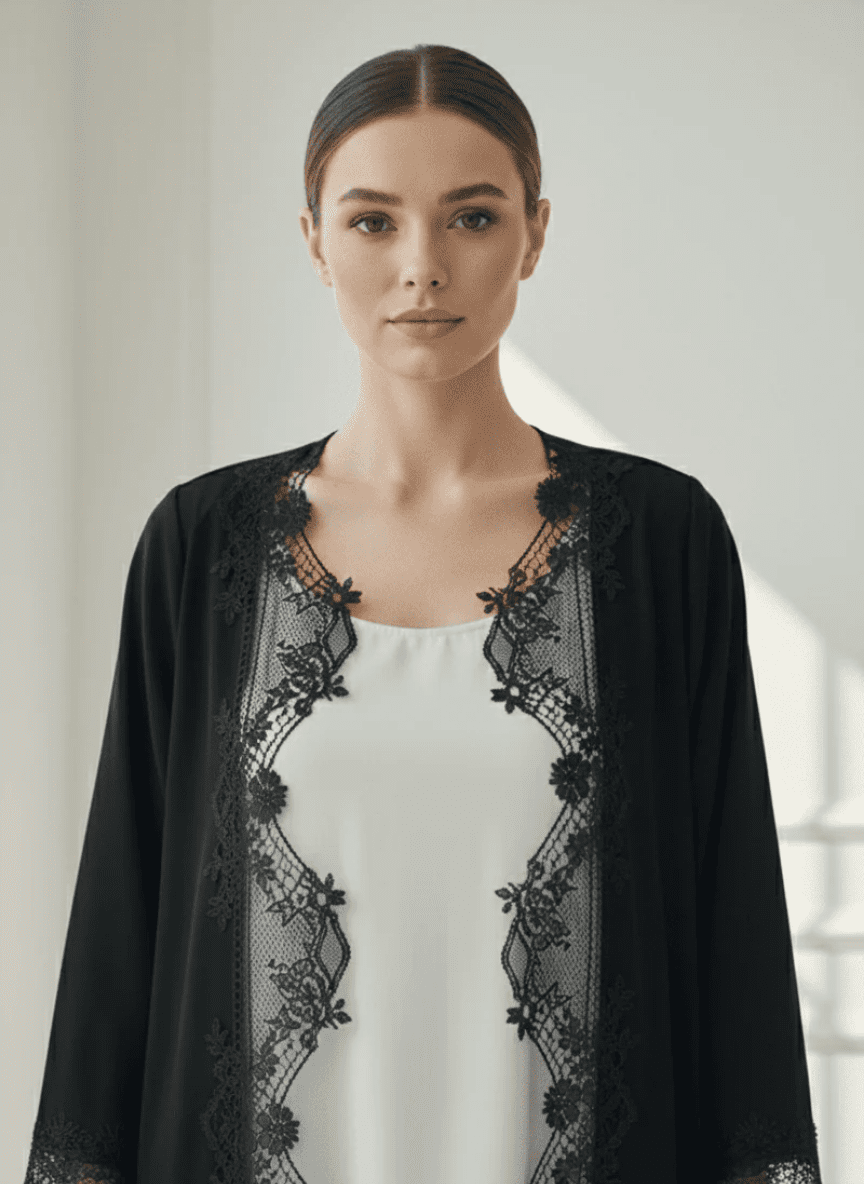 C 1770 Black Floral Lace Abaya