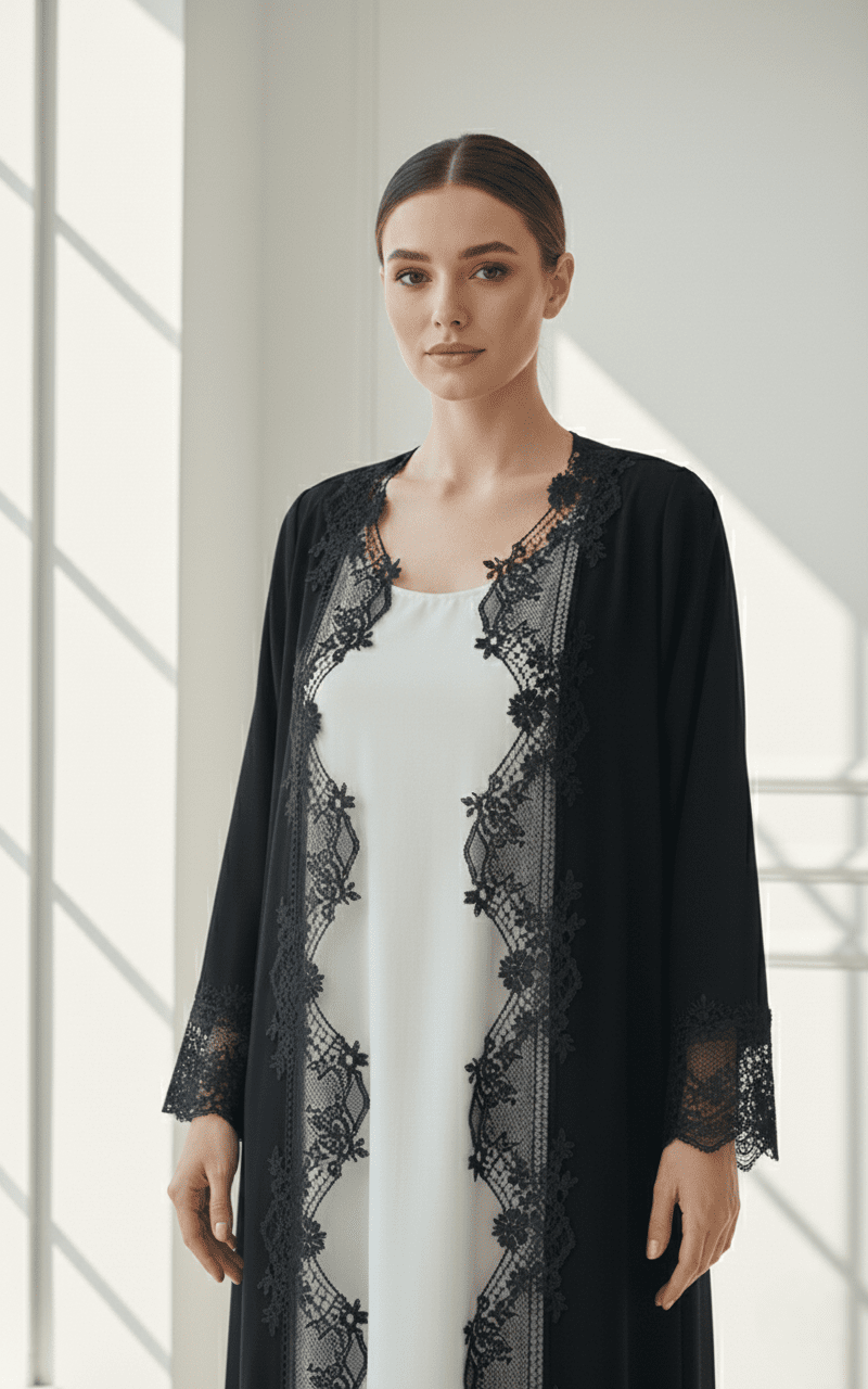 C 1770 Black Floral Lace Abaya