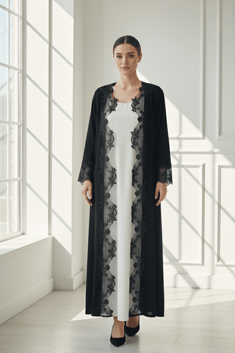 C 1770 Black Floral Lace Abaya