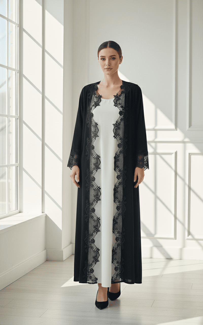C 1770 Black Floral Lace Abaya