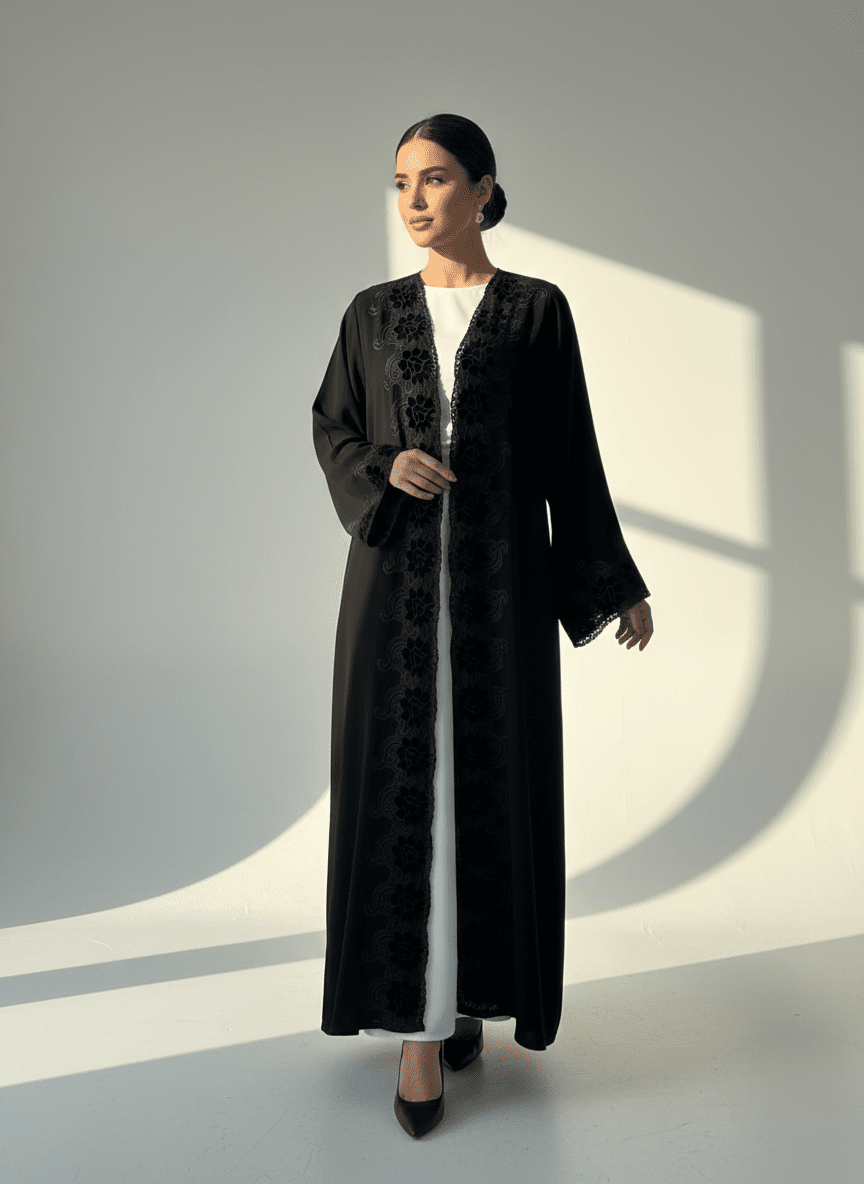 C 1775 Black Velvet Lace Abaya