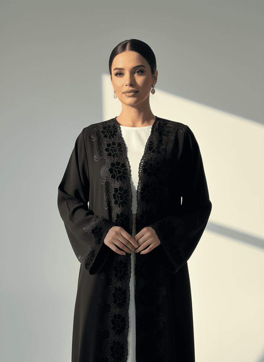 C 1775 Black Velvet Lace Abaya