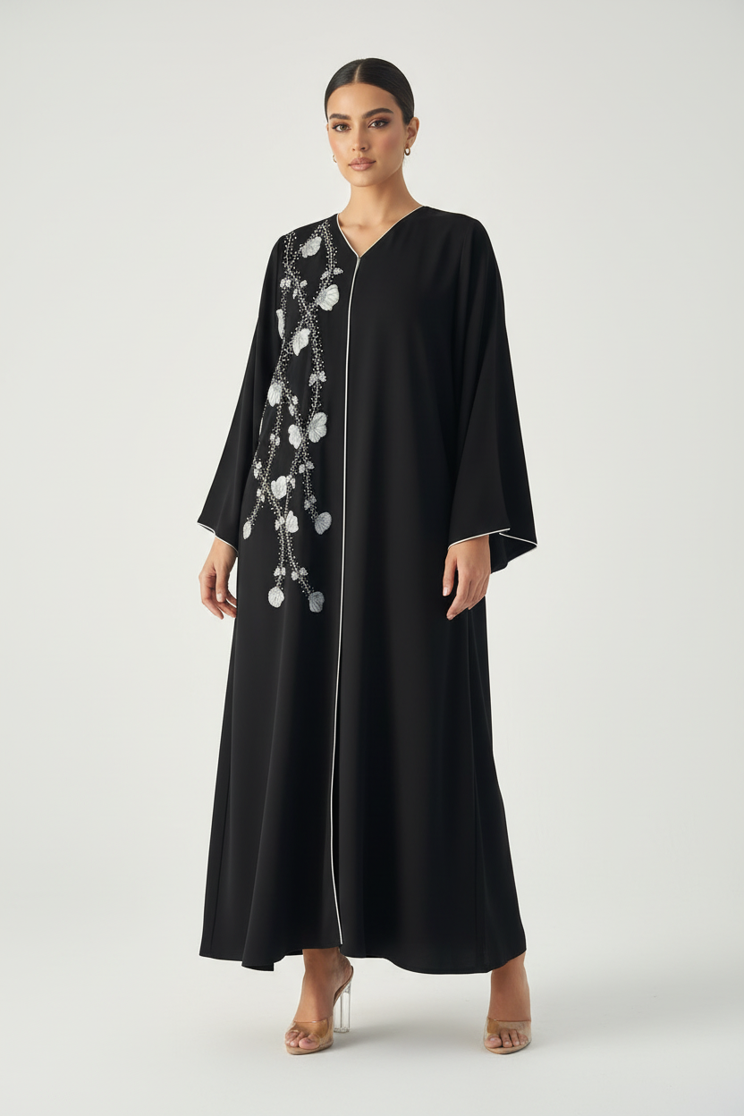 C 1909 Black Beaded Floral Abaya