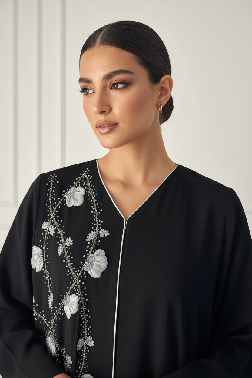 C 1909 Black Beaded Floral Abaya