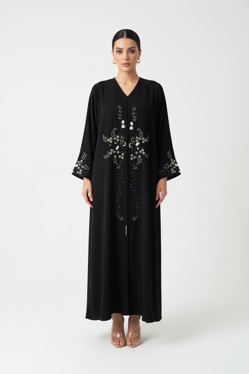 C 1910 Black Floral Embroidered Abaya