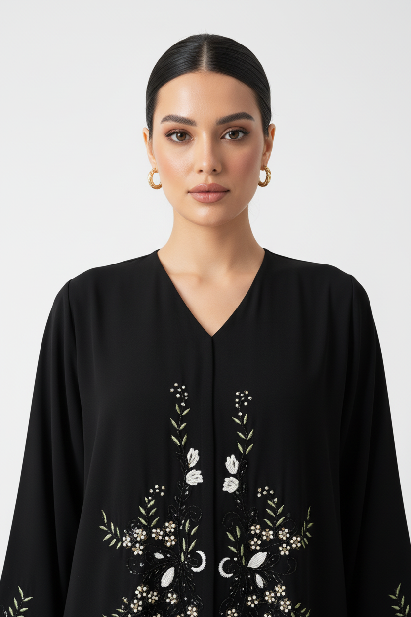 C 1910 Black Floral Embroidered Abaya