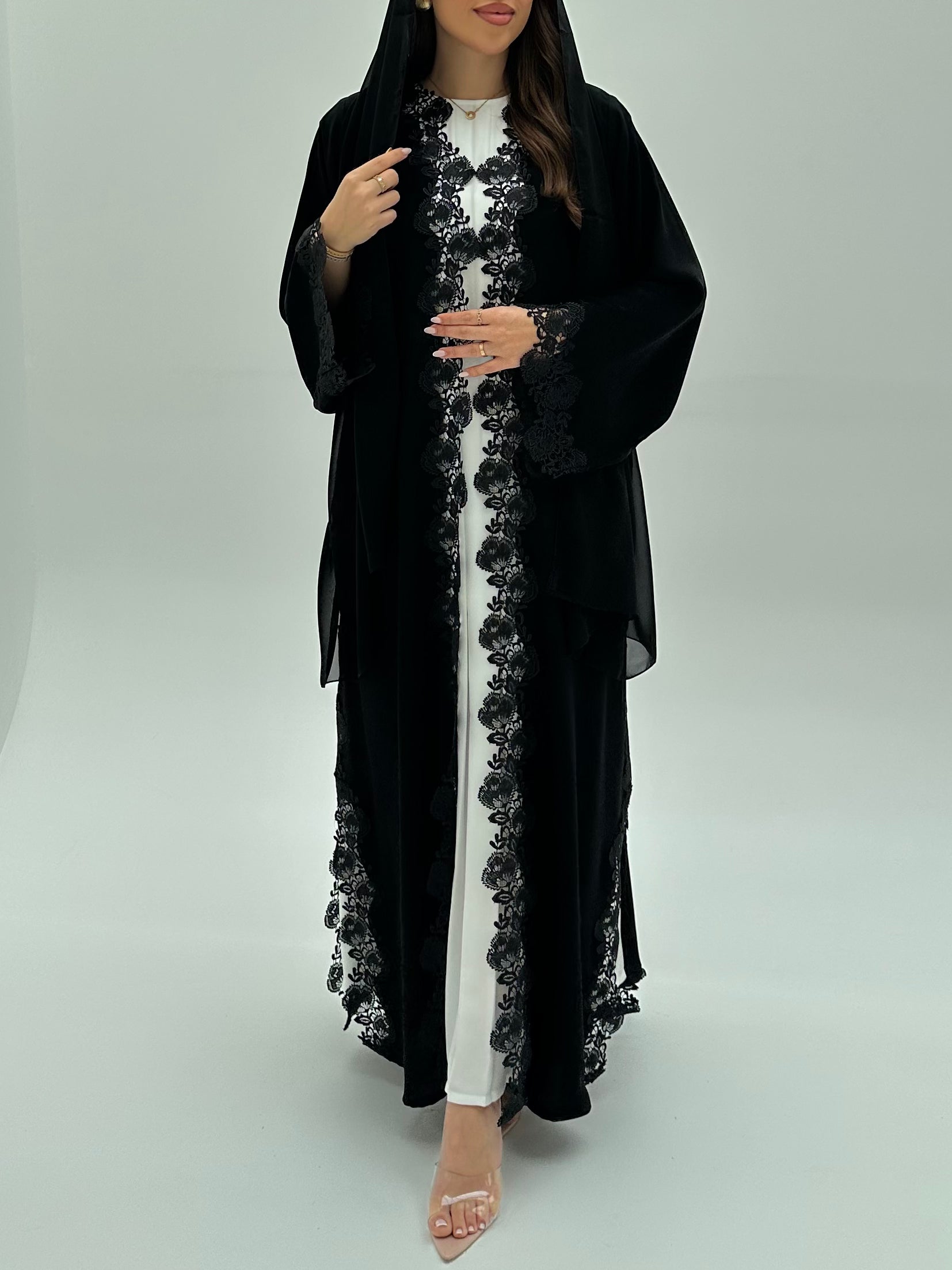 C 1928 Black Floral Lace Abaya
