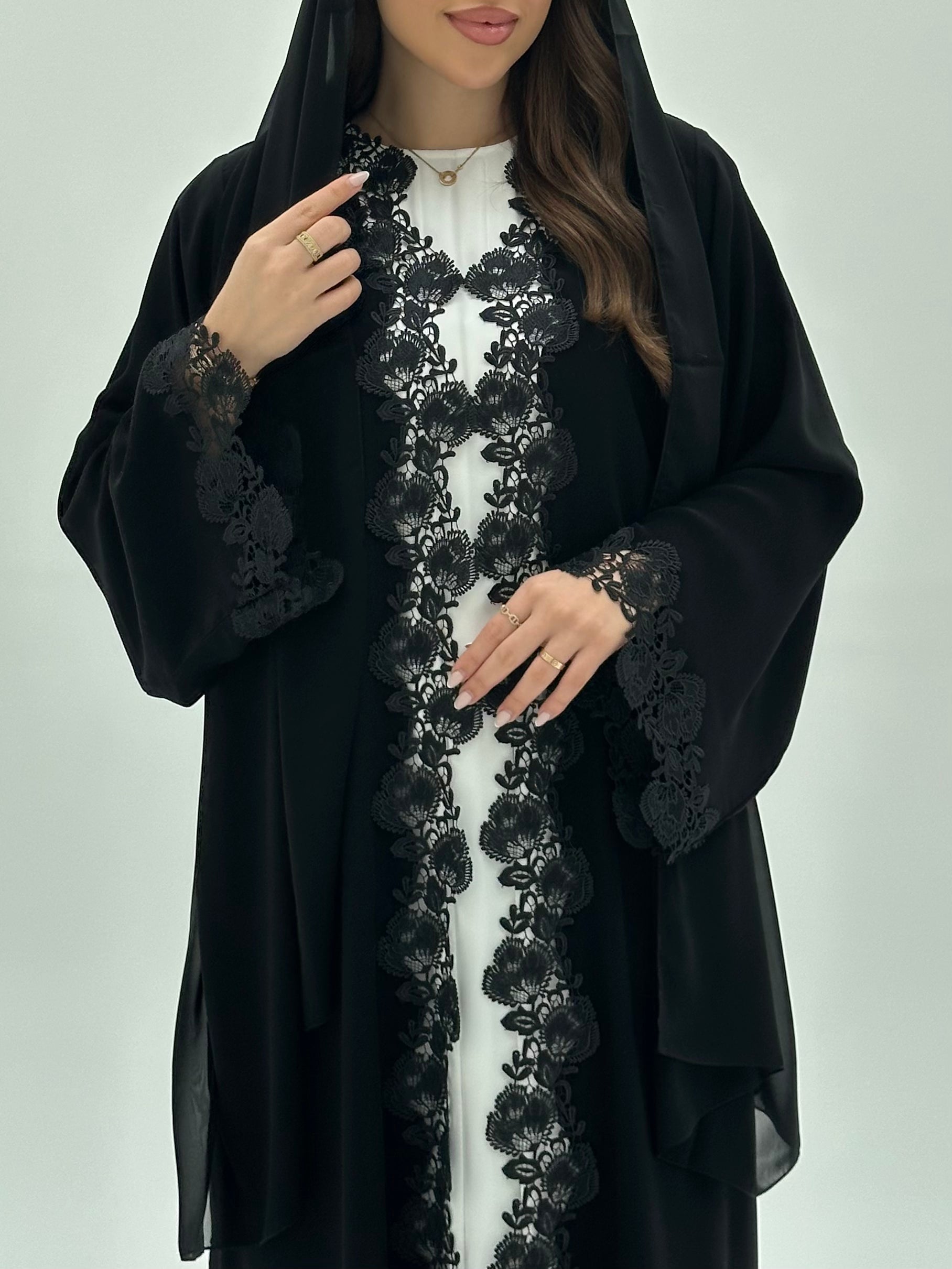 C 1928 Black Floral Lace Abaya