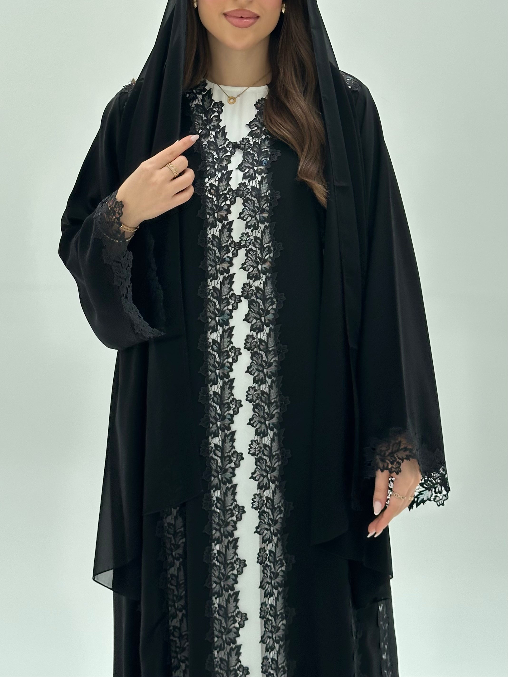 C 1930 Black Floral Lace Abaya