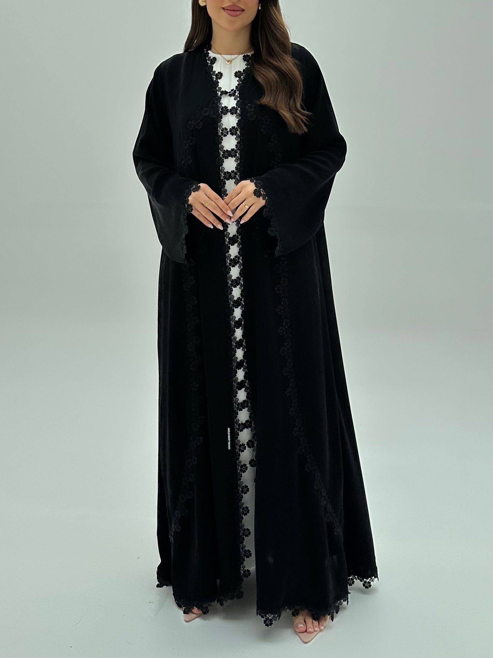 C 1948 Black Crystal Floral Lace Abaya