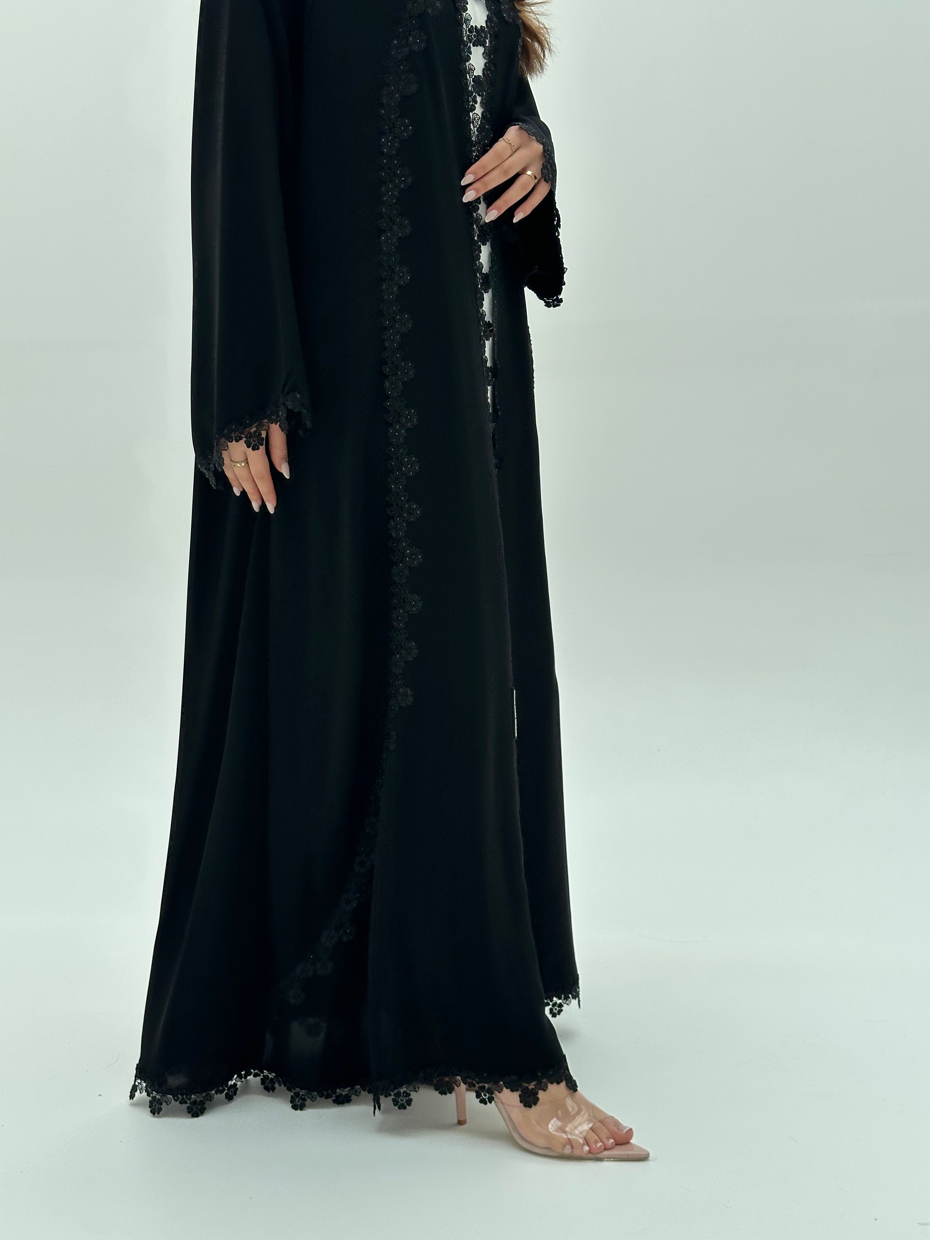C 1948 Black Crystal Floral Lace Abaya