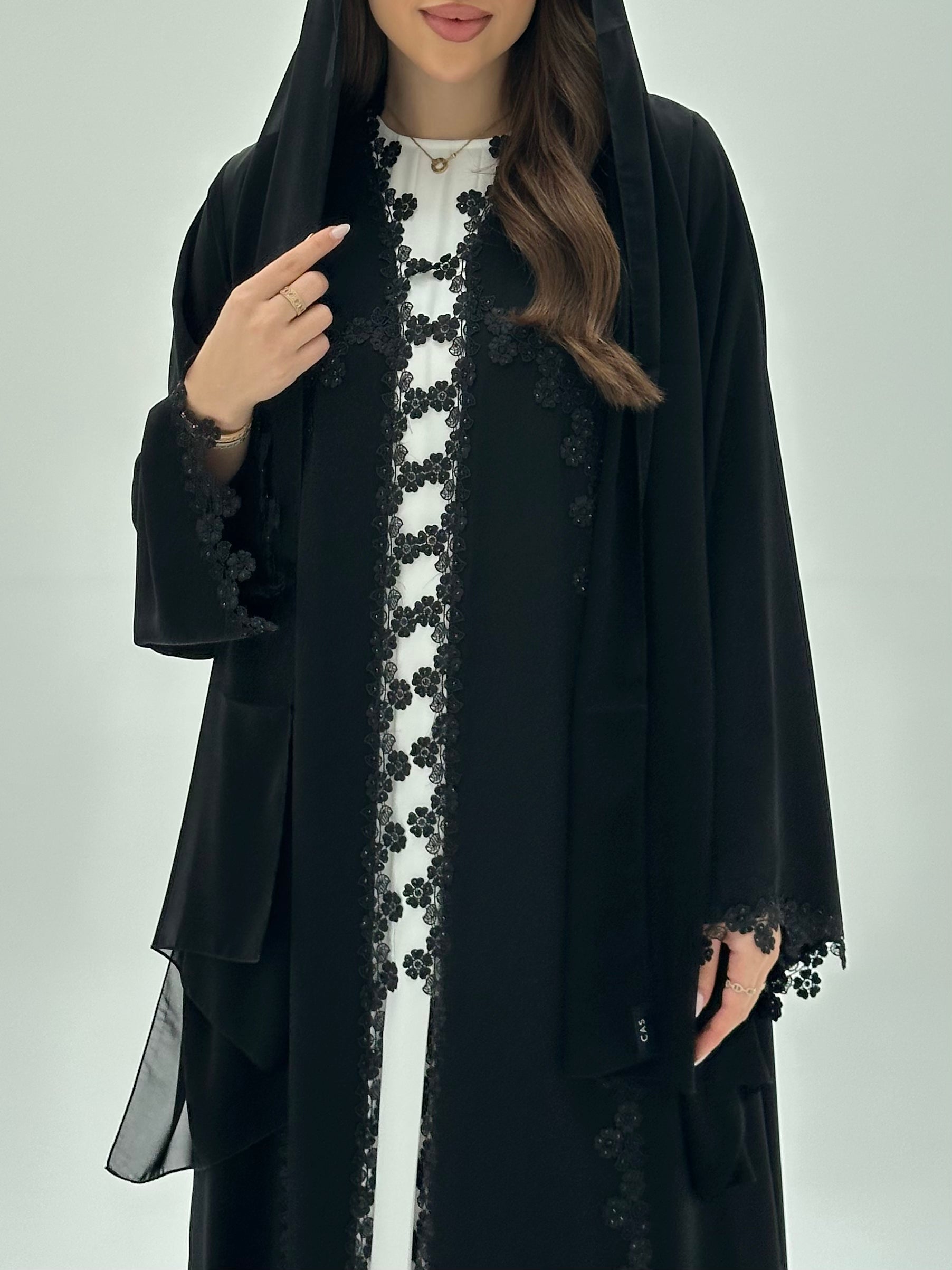 C 1948 Black Crystal Floral Lace Abaya