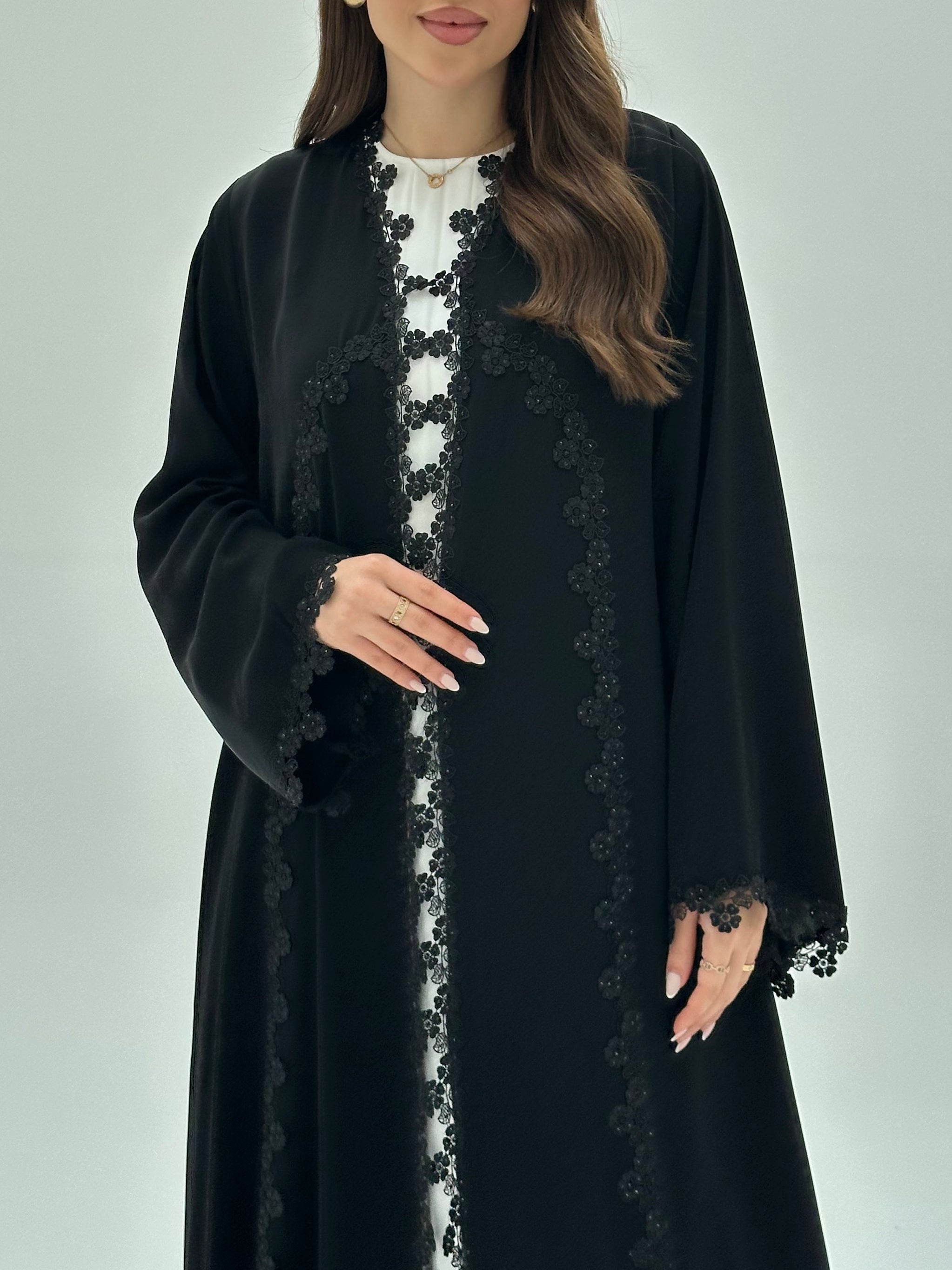 C 1948 Black Crystal Floral Lace Abaya