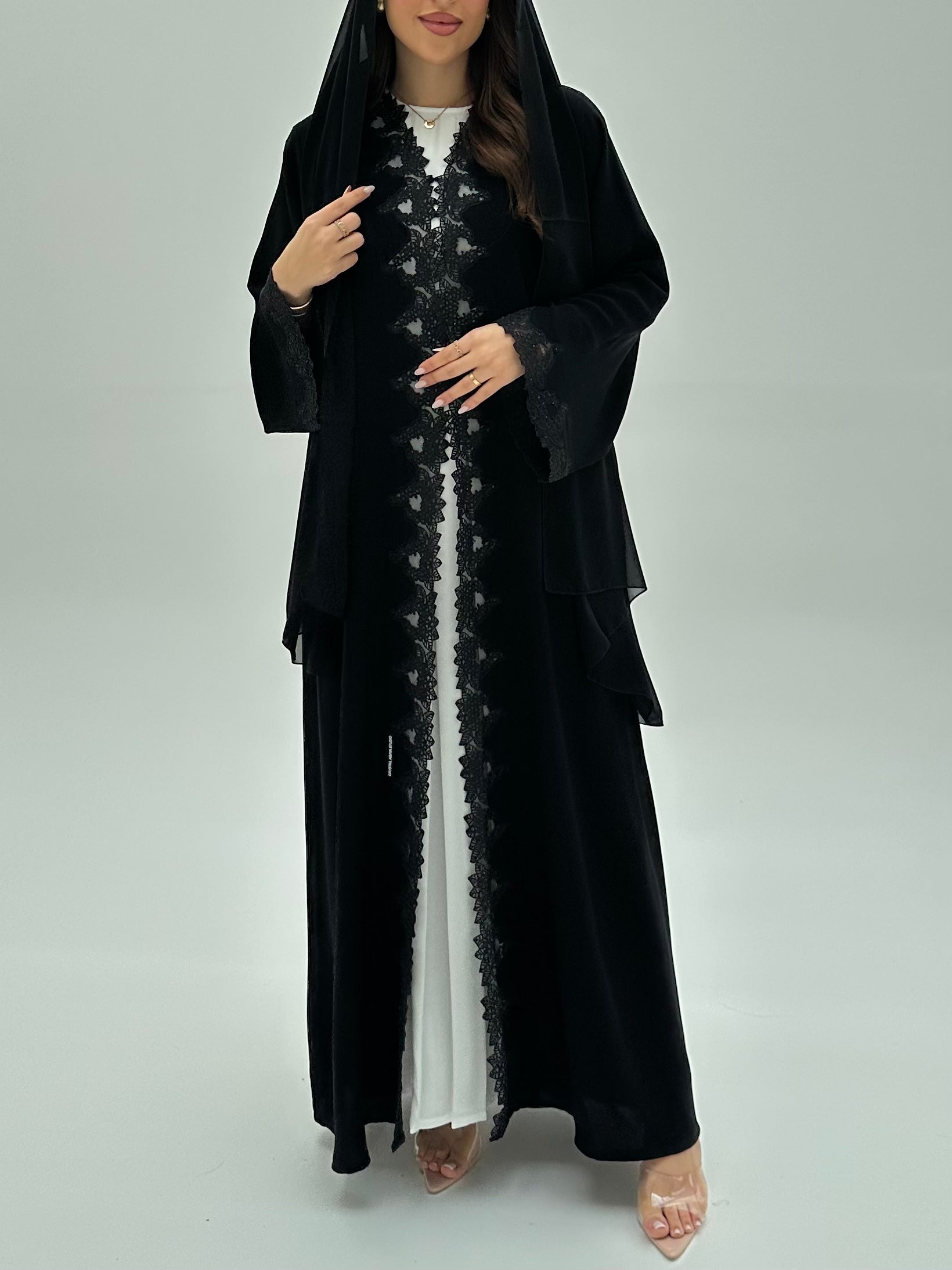 C 1949 Black Crystal Lace Abaya