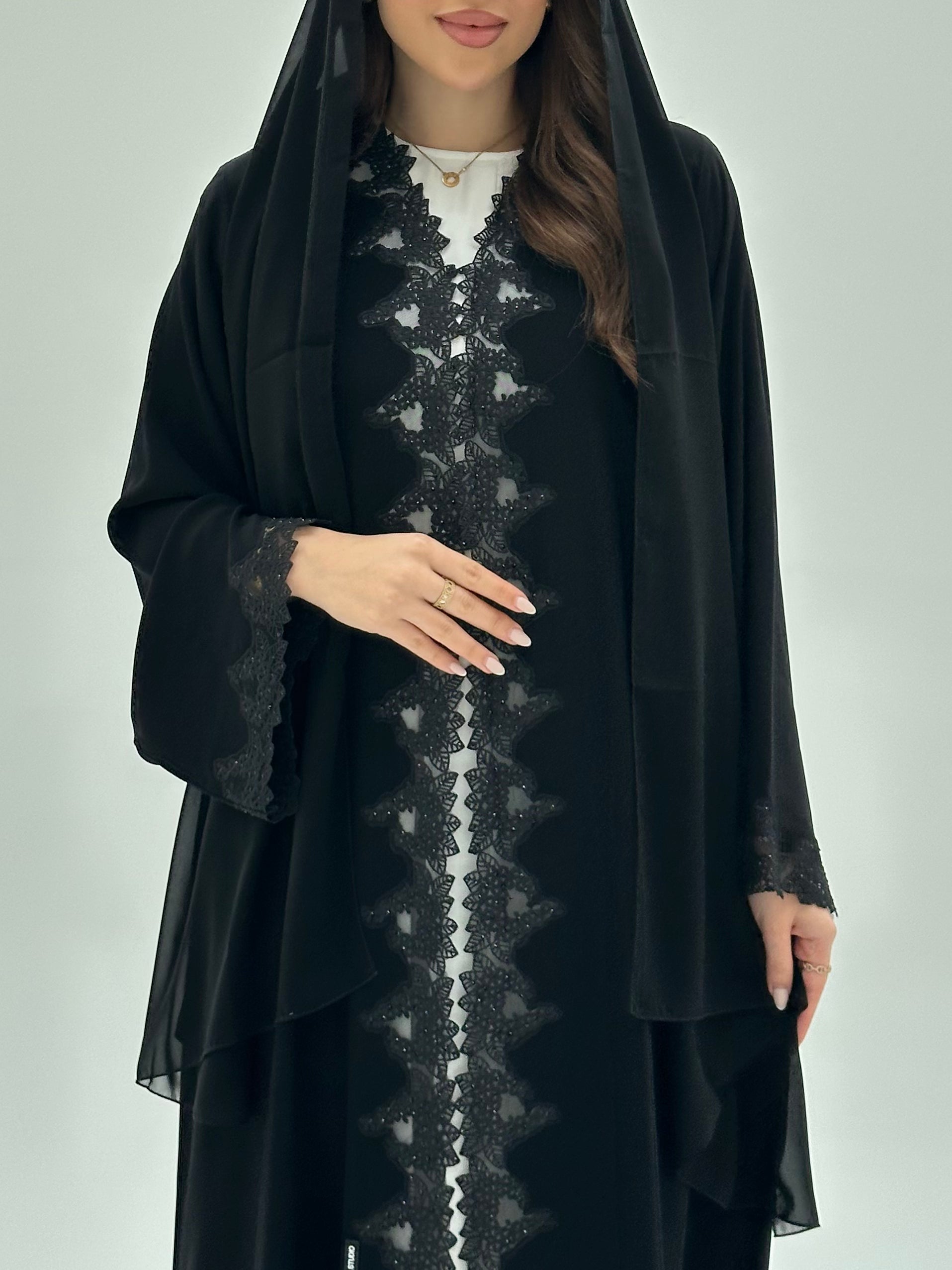 C 1949 Black Crystal Lace Abaya