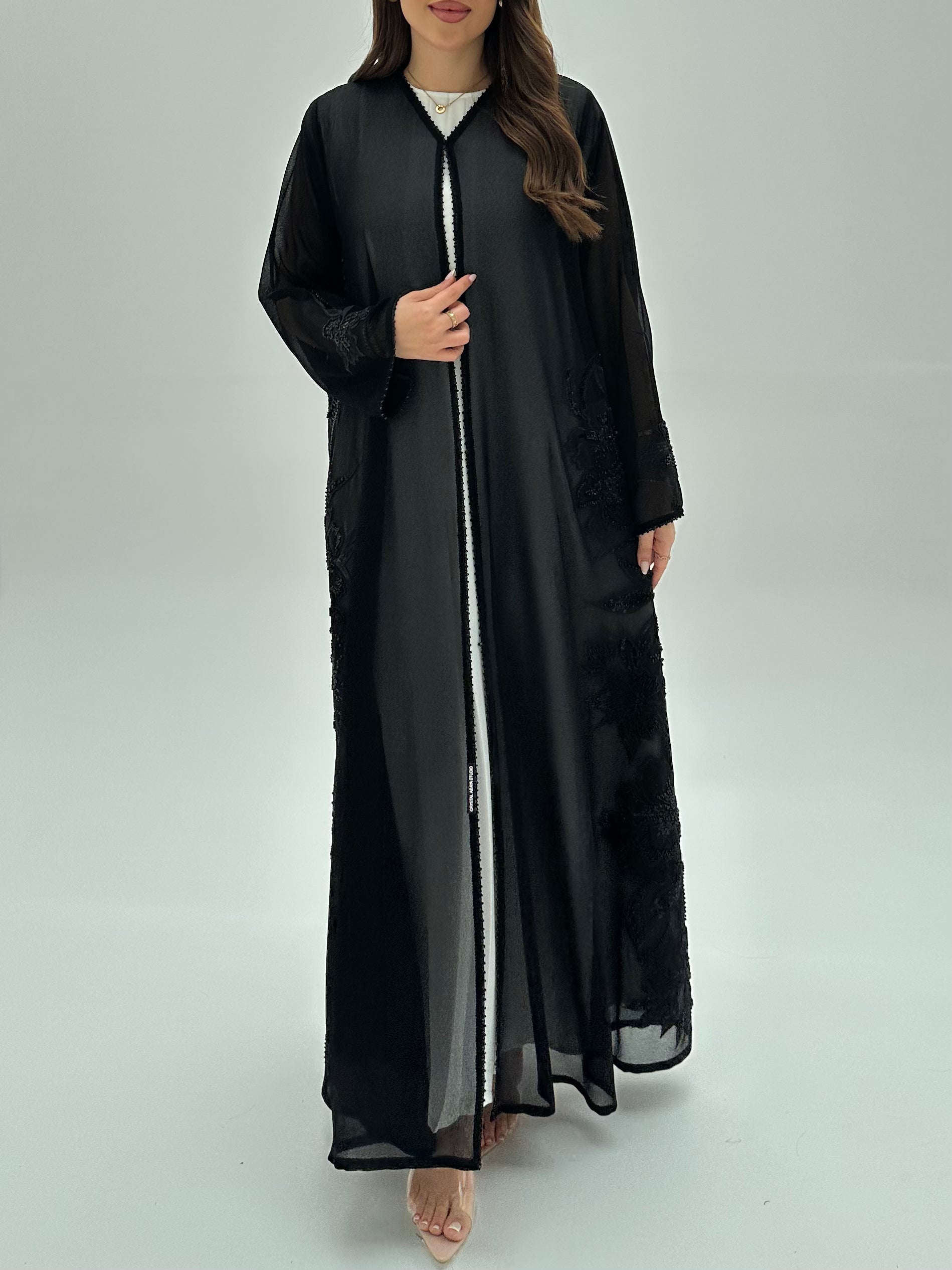 C 1950 Black Beaded Lace Abaya
