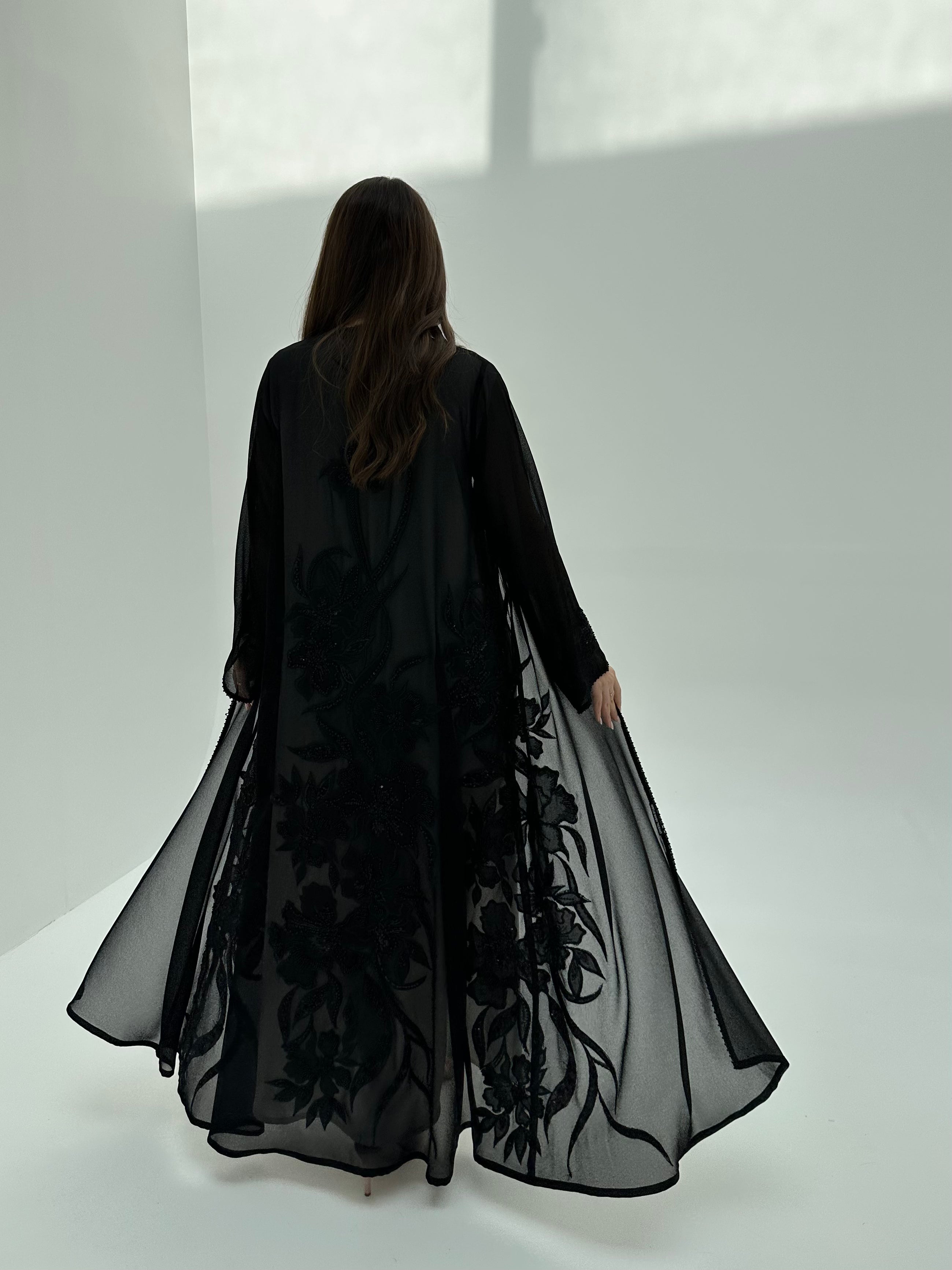 C 1950 Black Beaded Lace Abaya