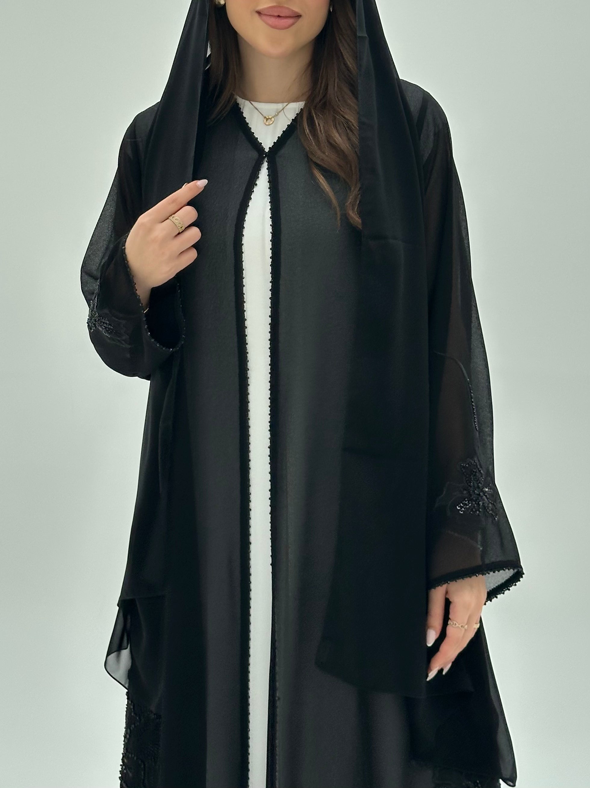 C 1950 Black Beaded Lace Abaya