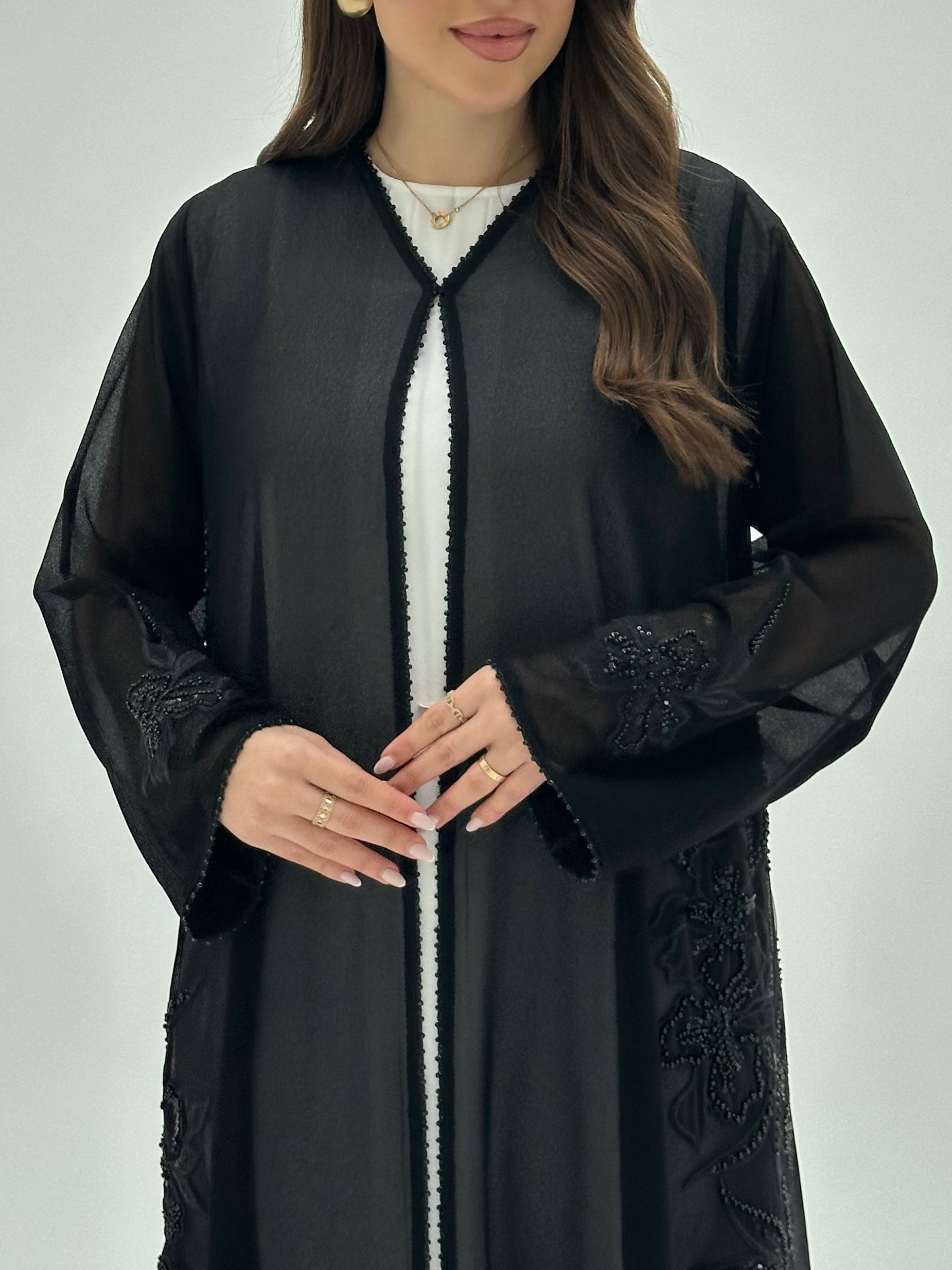 C 1950 Black Beaded Lace Abaya