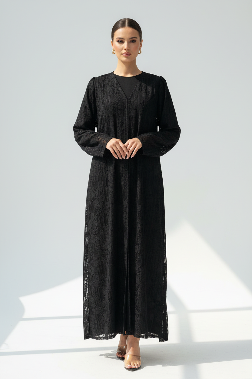 C 1955 Black Floral Dantel Abaya