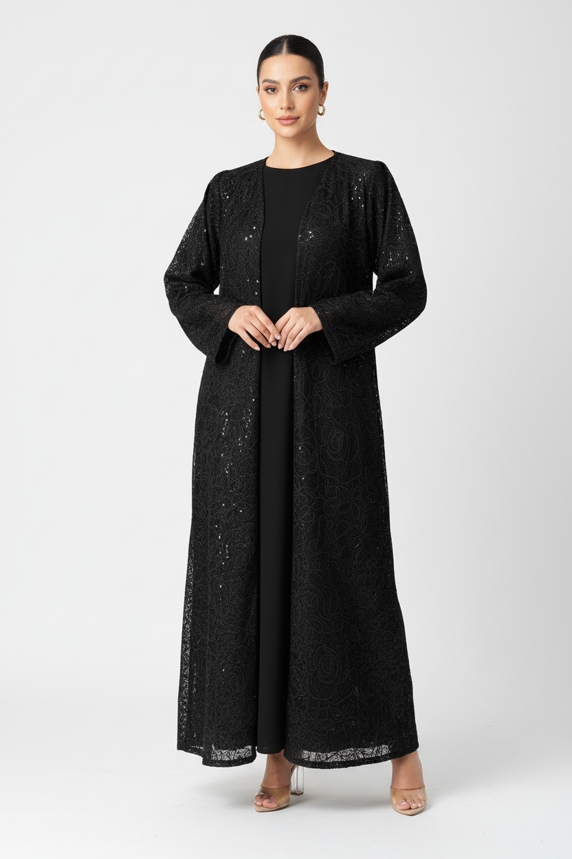 C 1968 Black Sequined Dantel Abaya