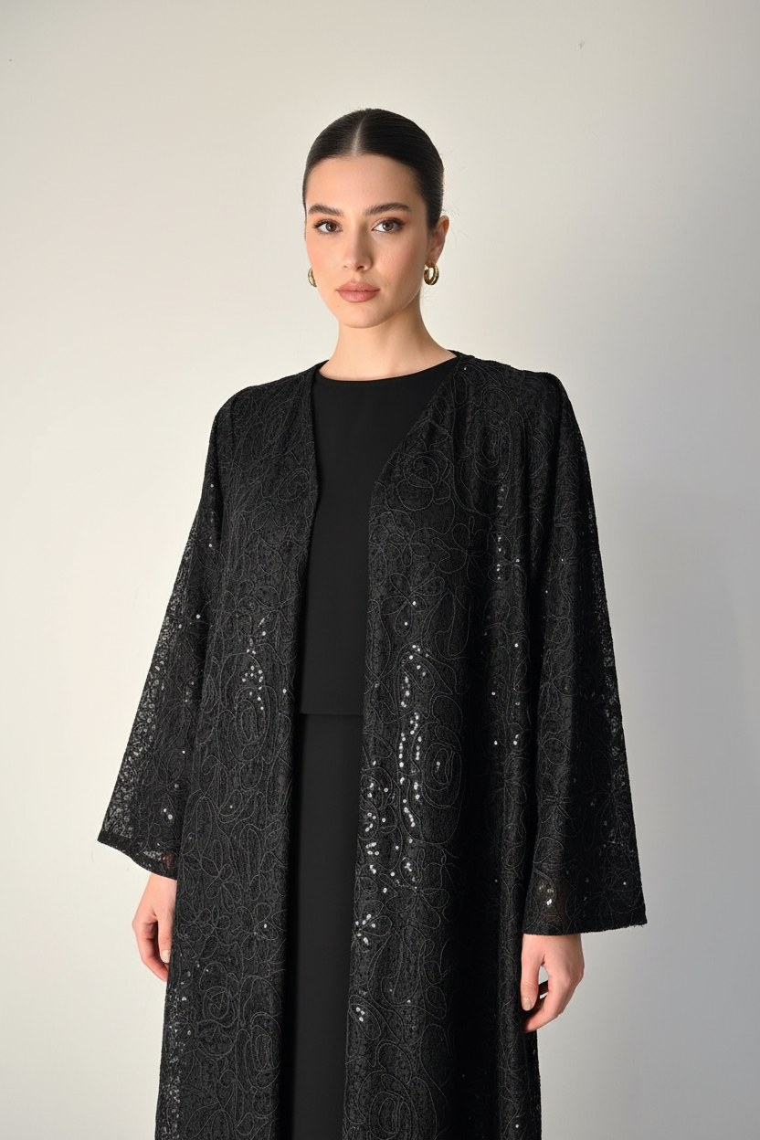 C 1968 Black Sequined Dantel Abaya
