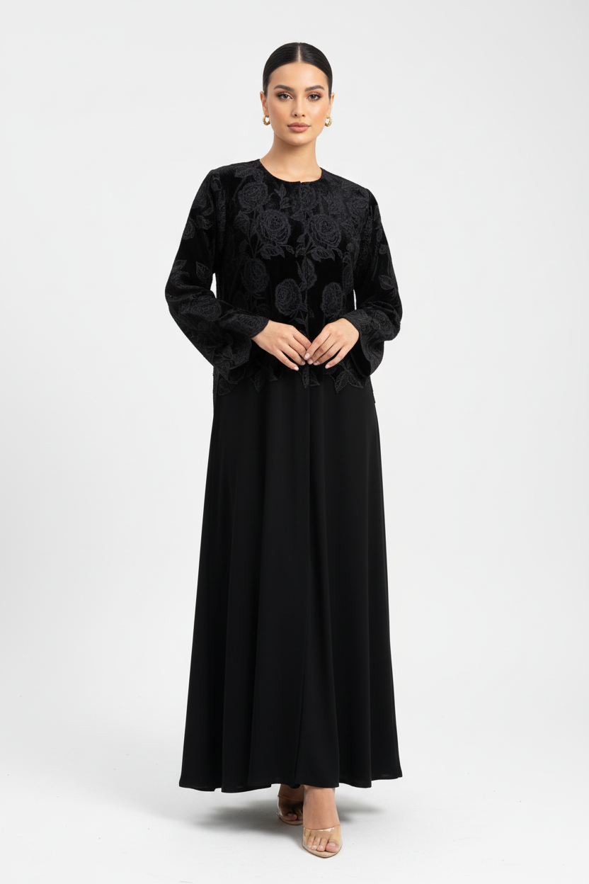 C 1978 Black Velvet Rose Dantel Abaya